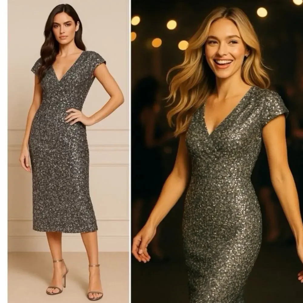 NEW with Tags Mac Duggal Platinum 10766 Sequin Midi Dress, Size 4, MSRP $498